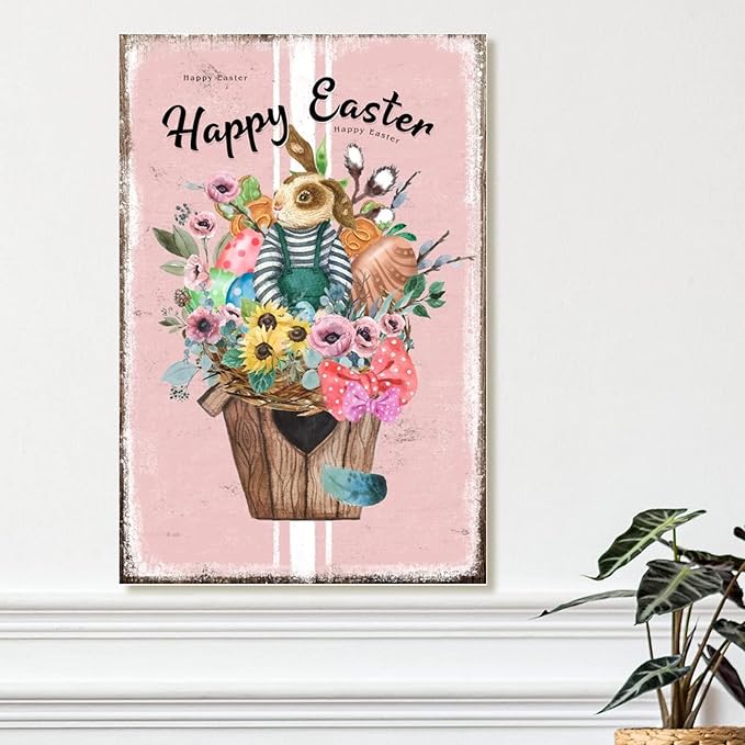 Happy Easter Flower Basket Bunny Signs Wood Decor French Style Floral Pink Stripes Wood Wall Plaque Spring Easter Greetings Sign Wall Decor Kitchen Laundry Room Wall Decor 12x18in