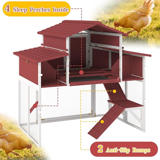Large Chicken Coop Outdoor with Run, Expandable Hen House with 4 Nesting Boxes, Rabbit Hutch Poultry Bunny Cage for 2-4 Chickens with 4 Perches, Removable Tray and Ramp (56.3" L x 35.24" W x 52.8" H)