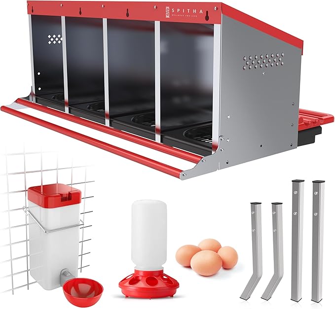 Nesting Boxes for Chickens – 4 Hole Roll Out Chicken Nesting Box with Reverse Egg Collection, Galvanized Steel Coop Nest with Perch, Fits Up to 20 Hens