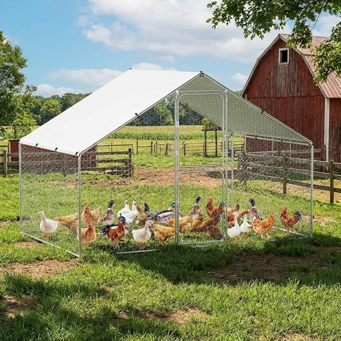 GarveeLife Large Metal Chicken Coop with Waterproof and Anti-UV Cover, Walk-in Poultry Cage, Outdoor Chicken Run for Backyard Farm Use, 9.8x6.5x6.5 FT