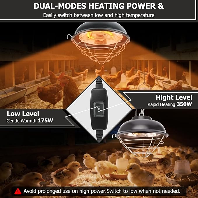 350W Heat Lamp for Chickens - Carbon Fiber Chicken Coop Heater, Hanging Chicks Brooder Heaters 2 Heating Levels, 5.6 Ft Cord Waterproof Chicken Heat Lamp for Poultry Pets & Outdoor Used