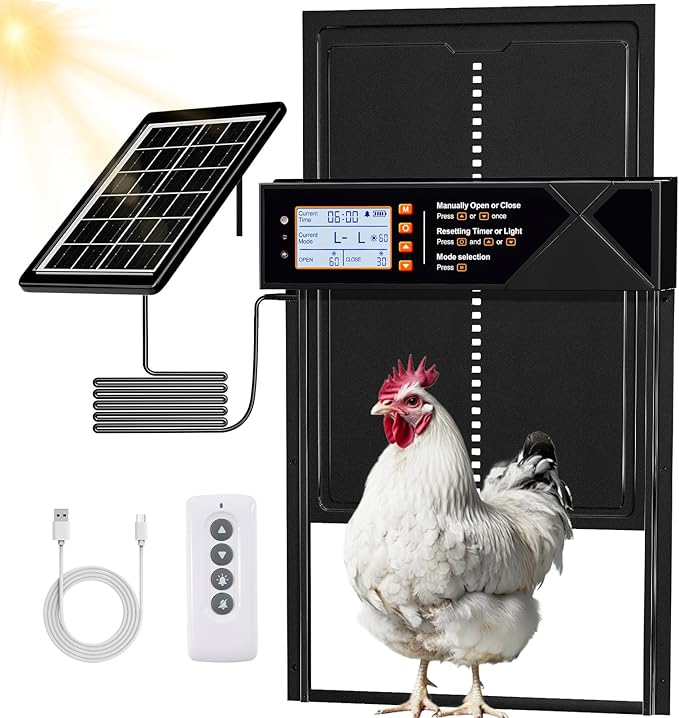 Automatic Chicken Coop Door Solar Powered, Extra Large Auto Chicken Door Mix 4 Modes with Timer & Light Sensor, USB-c Charging, Anti pinch & Alert, Remote, LED Screen, Aluminum Weather Proof Coop Door