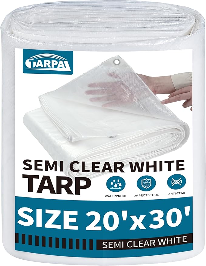 TARPAL 20'x30' Semi Clear White Tarp Waterproof Green House Cover with Grommets 7.5mil Clear Poly tarps for Gardening,Farm, Garden,Chicken Coops，Outdoor