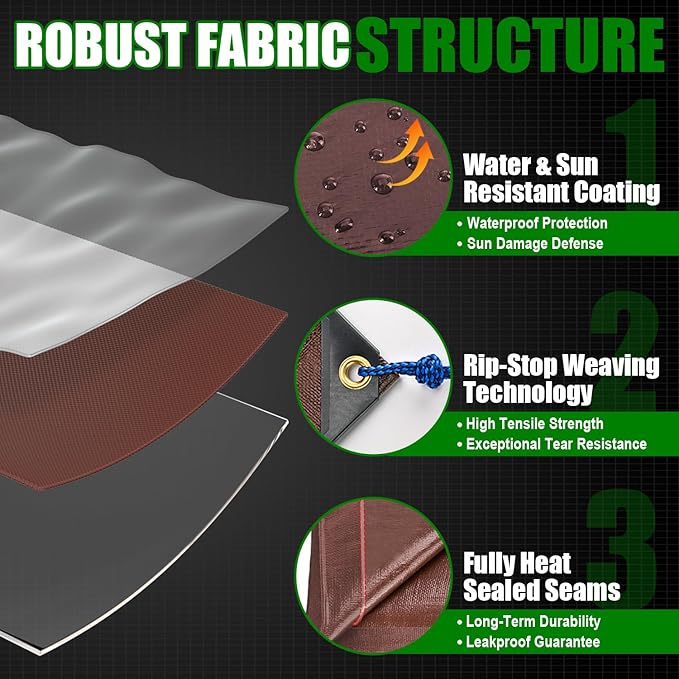 Sunvigor Tarp Waterproof 18x24Ft, Extra Thick 12 Mil Heavy Duty Tarp Cover, Tear & Fade Resistant, Outdoor Tarps with Brass Grommets and Reinforced Edges for Roof, Camping, Patio, Boat (Brown)