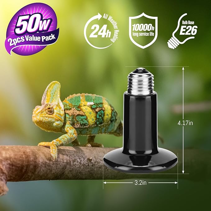 Leoterra 50W Ceramic Heat Emitter Bulb, Low Wattage Reptile Heat Lamp for 10-20 Gallon Small Terrarium, Gentle No-Light Heat Source for Bearded Dragons, Geckos, Frogs, Hermit Crabs (2-Pack)