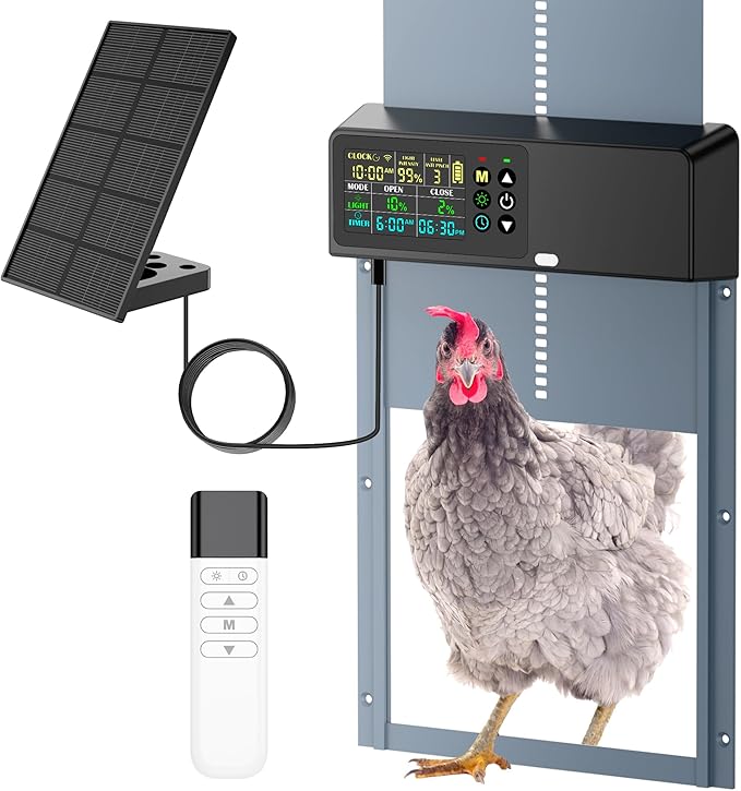 Automatic Chicken Coop Door Solar Powered with Programmable Remote, 4 Modes Combo Light and Timer Aluminum Chicken Door with LCD Color Display