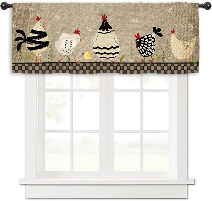 Miyotaa Rooster Farmhouse Kitchen Curtain Valance 54W x 18H Rod Pocket Rustic Farm Chicken Rural Country Plaid Window Treatment for Living Room Bedroom Bathroom Laundry