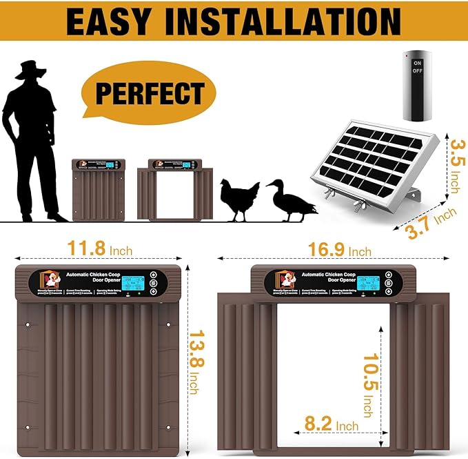 Automatic Chicken Coop Door Solar Powered, Extra Large Size, Anti-Pinch Design, Battery Powered Auto Chicken Door with Timer & Light Sensor, Solar Chiken Coop Door with Remote Control (50-100M)