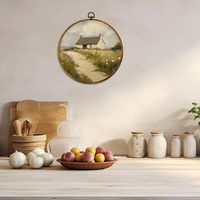 CUANFDDSF Rustic Farmhouse Round Wall Art, Vintage Countryside Framed Hanging Wall Decor, Cottagecore Country Landscape Canvas Prints Decorations for Home Bedroom Living Room, 10x10 Inch