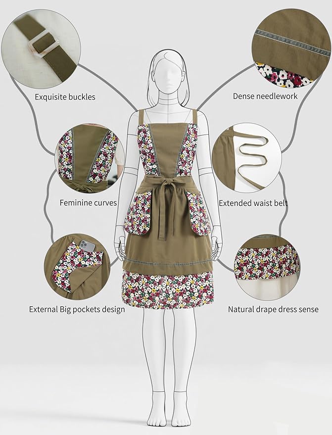 Kitchen Aprons for Women with Pockets Cute Vintage Chef Pinafore Apron for Gardening Cooking Baking Painting