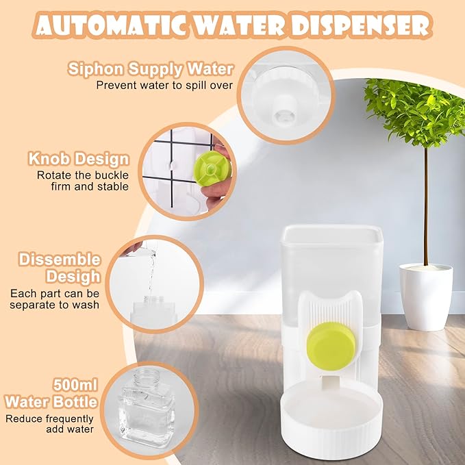 Automatic Replenish Pet Waterer, 1L Capacity Auto Siphon Gravity Cage Hanging Water Dispenser Set for Dog and Cat Small Animals, Removable Pet Water Bottle Water Container (Waterer, Grey)