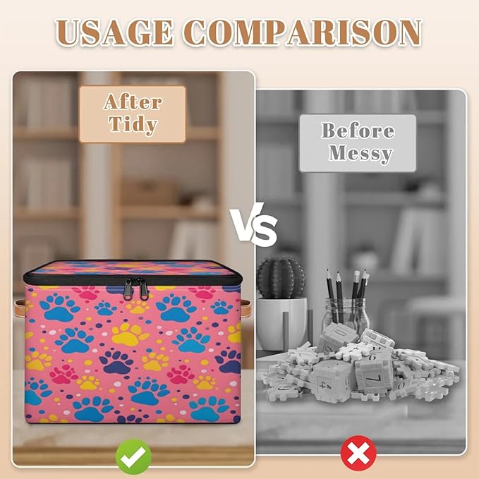 Storage Cubes with Lid Fabric Storage Bins Boxes PU Leather Handles, Dog Pet Paw Print Closet Organizer Container Foldable Washable Shelf Cloth Basket, Paw Print Colorful