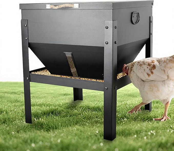 KOL 80LBs Chicken Feeder No-Waste, Galvanized Steel Large Capacity Chicken Feeder, Portable Poultry Feeder with Waterproof Lid for Hens and Roosters, Coops & Outdoors