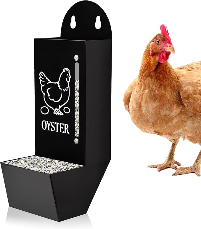Chicken Grit and Oyster Shell Feeder, Poultry Feeder with Visual Window, No-Mess Weatherproof, Metal Hanging Gravity Chicken Feeder, Chicken Coop Accessories (Grit-Black)