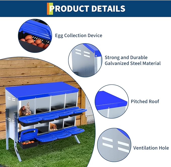 TricaLtkdp 2-Tier Chicken Nesting Boxes, Roll Away Eggs Laying Boxes, Cleanable Pull Our Hen Bird Duck Coop Roosting Box, with Leg, 8 Compartments, Blue