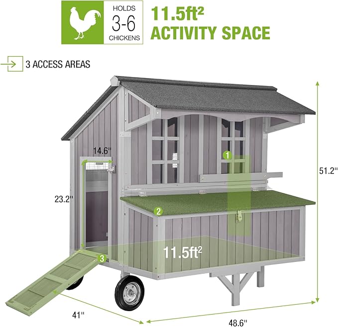 GUTINNEEN Chicken Coop Mobile Duck Coop with Super Large Wheels Durable Hen House 48.6" Outdoor Rabbit Hutch with Nesting Box for 3-6 Chickens