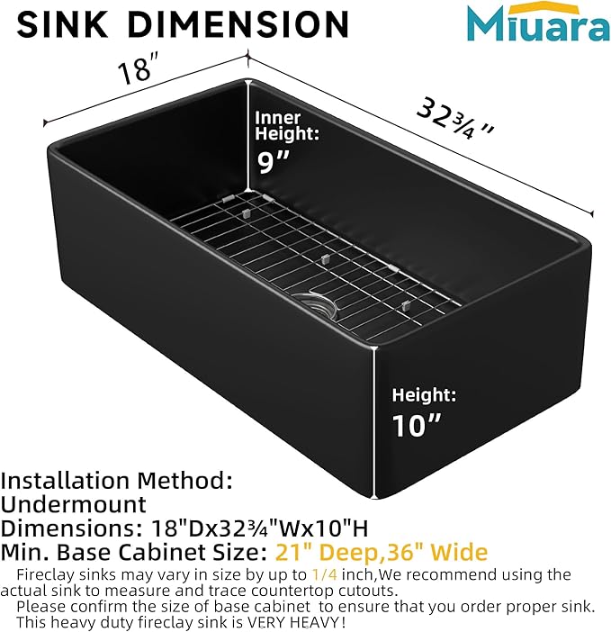 Miuara Black Farmhouse Sink 33 Inch - Large Apron Front Kitchen Sink Single Bowl 33"x18"x10", Undermount Installation, Farm House Style, Heavy Duty Solid Fireclay, Matte Black, for Kitchen