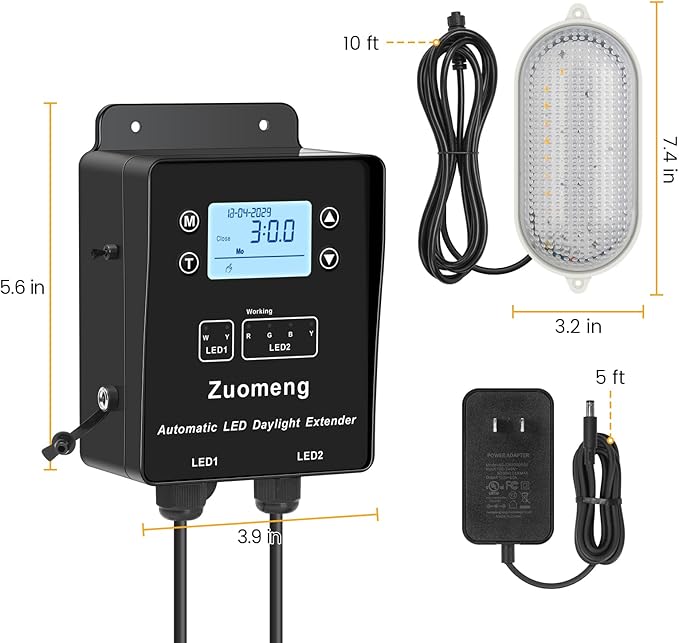 Automatic LED Daylight Extender, Zuomeng Upgraded Chicken Coop Light with Multi-Color Light (White/Red/Blue/Green) to Boost Egg Production & Support Chick Growth, Weather-Resistant (Patent Pending)