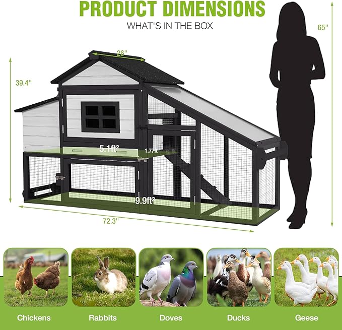 GUTINNEEN Large Chicken Coop with Wheels, Expandable Mobile Chicken House for Outdoor Use, Hen House Poultry Cage with Nesting Box, Leakproof Pull-Out Tray & UV-Resistant Roof – Black