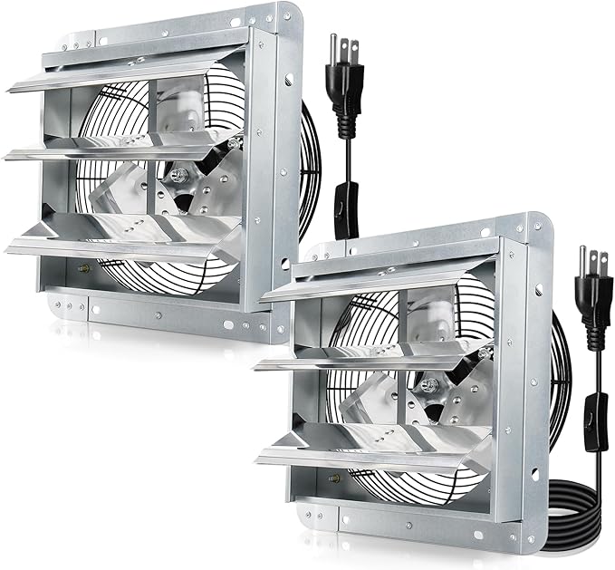 Hiorucet 12 Inch Shutter Exhaust Fan Wall Mounted for Garage, Greenhouse, Shop, Attics, Chicken Coop, Shed, Basement, 1030CFM 1688RPM Low Noise Louvered Exhaust Fan with 1.8 Meters Power Cord 2 Pack.