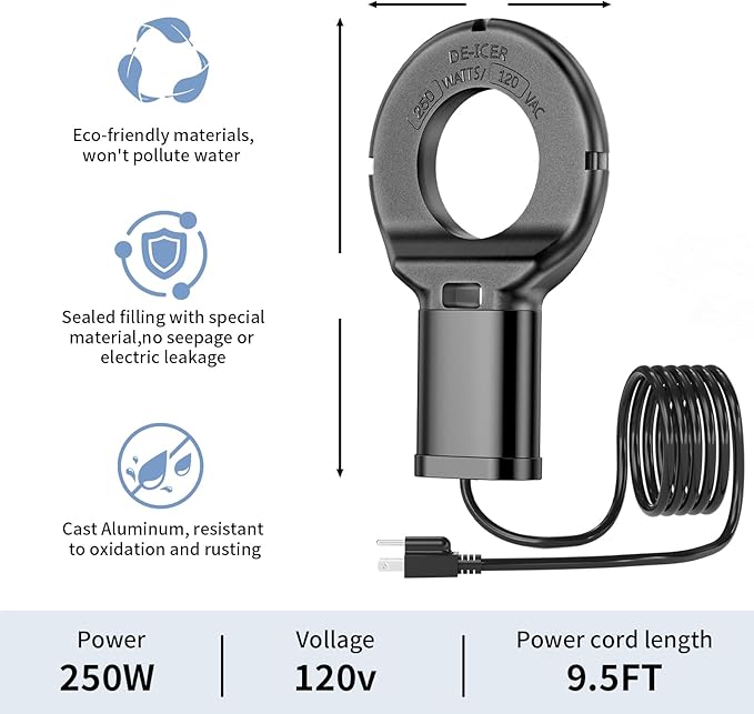 250W Chicken Water Heater with Thermostat,Cast Aluminum Submersible Bird Bath De-Icer for Plastic/Metal Poultry,Power Cord 9.8 Ft,Black