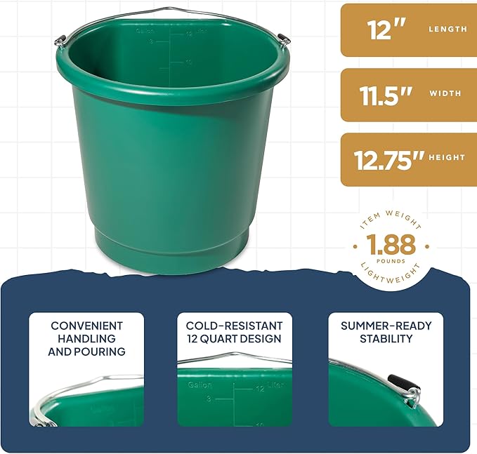 Farm Innovators 3 Gallon Flat Back Plastic Heated Bucket with Metal Handle, Built in Thermostat, and Hidden Cord Compartment, Green, 70 Watt (4 Pack)