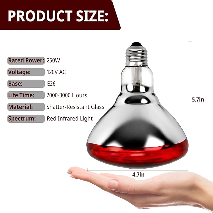 250W 2 Pack Red Reptile Heat Lamp Bulb for Chick Brooder,Infrared Heating Light Bulb for Reptiles,Chicken,Farm Animals,Bathroon,Food,Poultry,Shatterproof,E26 Base with Temperature Sticker