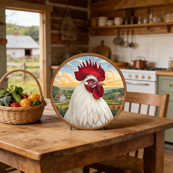 Vintage Chicken Tin Sign Rustic Round Metal Plaque For Farmhouse Porch Outdoor Wall Art Whimsical Yard Decor And Garden Patio Hanging 12 Inch