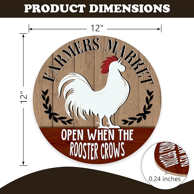 Farmers Market Open When The Rooster Crows Front Door Sign, Vintage Farmhouse Chicken Wood Hanger Outdoor Home Decor, Rustic Country Wooden Wreath Indoor Wall Hanging Decoration Farm Gifts