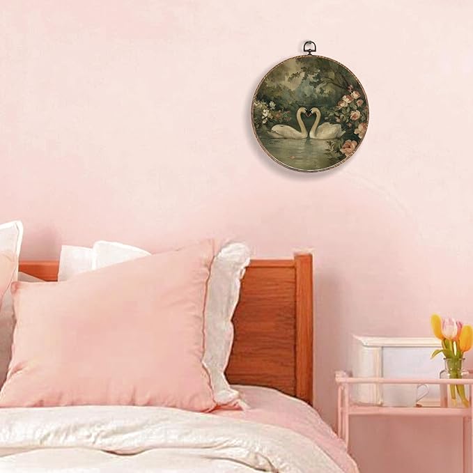 Yorhifa Vintage Swan Framed Wall Art, Cottagecore Elegant Animal Round Wall Art, Romantic White Swan Round Walls Decor, Rustic Floral Lake Landscape Circle Canvas Artwork Hanging Decor, 10x10in