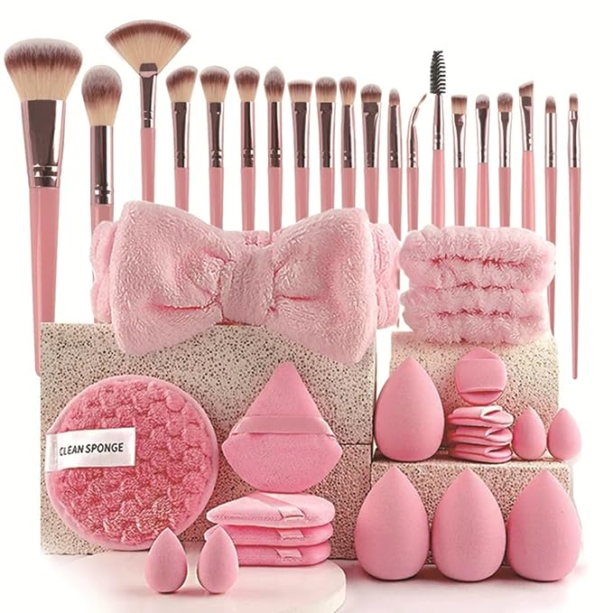 40 PCS Professional Makeup Brush Tools Set, Cosmetic Brush Sponge, Puff, Headband, Brush Cleaning Bow Set, Facial Makeup, Cleaning Accessories, Makeup Products, Valentine Day Item (Pink-40PCS)