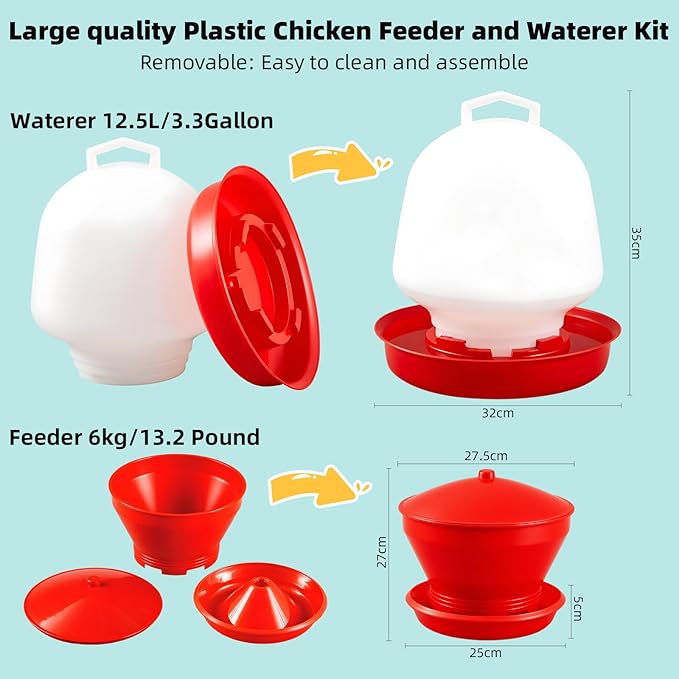 Maxdot 4.8 Gallon/42.4 Pounds Automatic Chicken Feeder & Waterer Set Large Capacity Hanging Automatic Poultry Feeder & Waterer for Chickens & Livestock