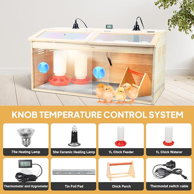 Chick Brooder Box Chick Starter Kit,Large Wooden Brooder Box for Chicks with Waterer Feeder Perch Thermometer and Heat Lamp Set,Baby Chicken Supplies for Duck Quail Hamsters and Lizards