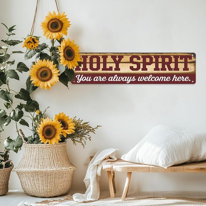 Rustic ''HOLY SPIRIT You are always welcome here'' Decorative Tin Sign, 16x4 Inch, Farmhouse Religious Art Wall Sign For Home, Porch, Patio, Yard, Garage Hanging Decor, Room Decor