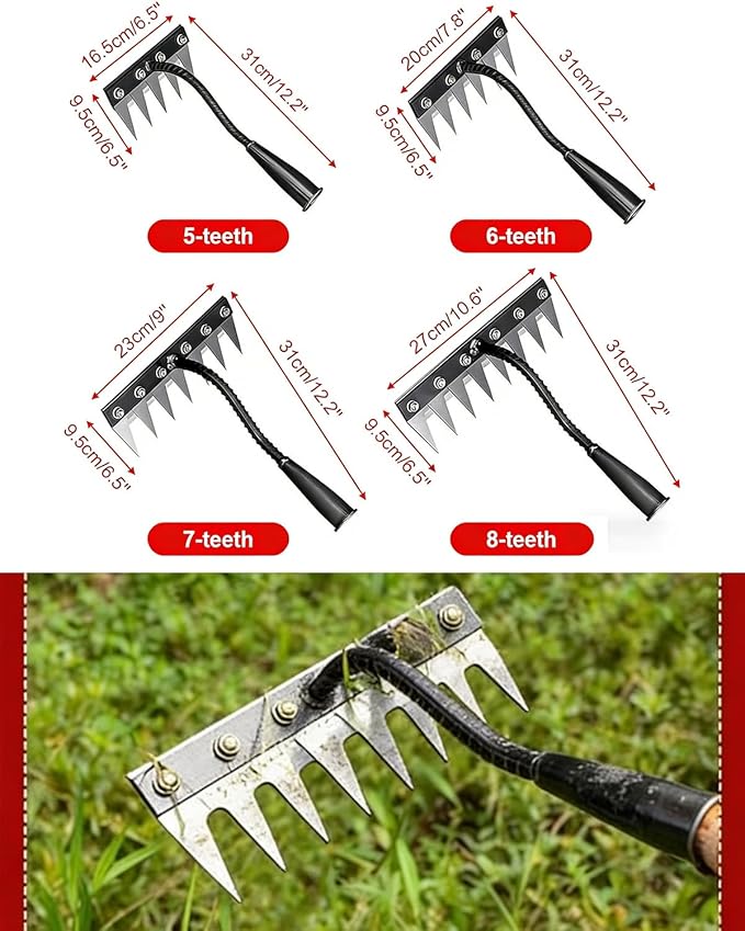 Garden Hand Rake Tool Manganese Steel 5/6/7/8 Teeth for Yard,Farm,Soil & Lawn Care Heavy Duty Weed Iron Metal Puller Grass Remover Landscaping Sickle Manual Thatch Cultivator Long Handle (5Teeth)