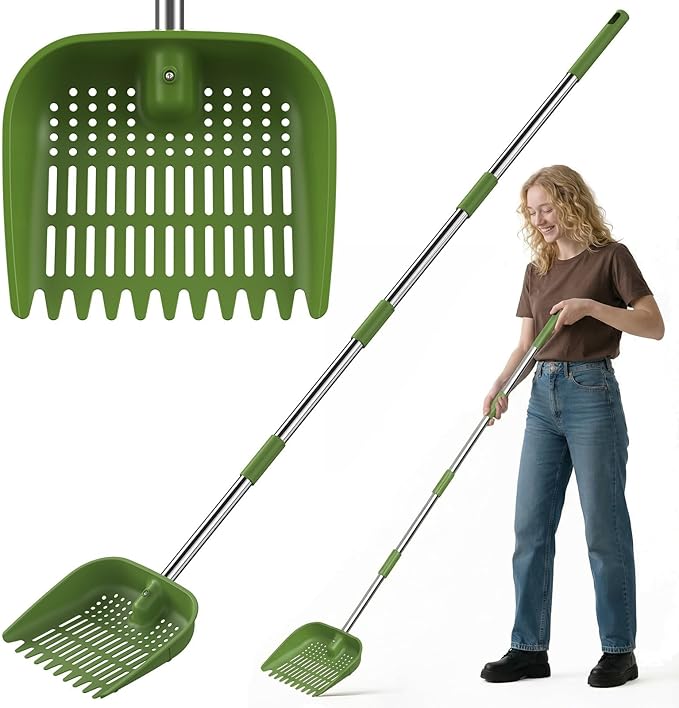 Chicken Poop Scooper, 2-in-1 Coop Scoop & Chicken Coop Rake, Sand Sifting Shovel with Adjustable Stainless Steel Handle, Up to 68 in, No-Bend Cleaning Tool - Patent-Pending