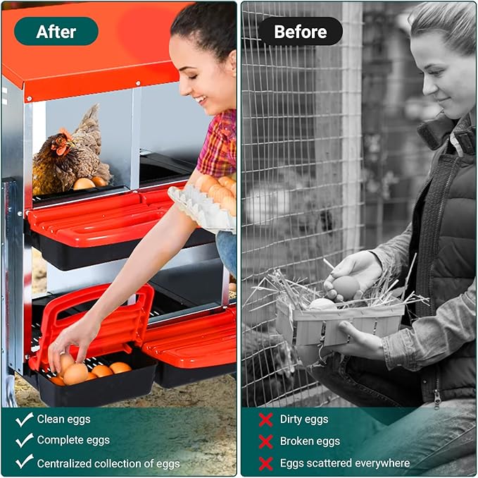 10-Hole Chicken Nesting Box, Roll Away Nest with Removable Tray, Easy Egg Collection & Cleaning, Wall-Mount Nesting Boxes for Hens, Chicken Coop - Red