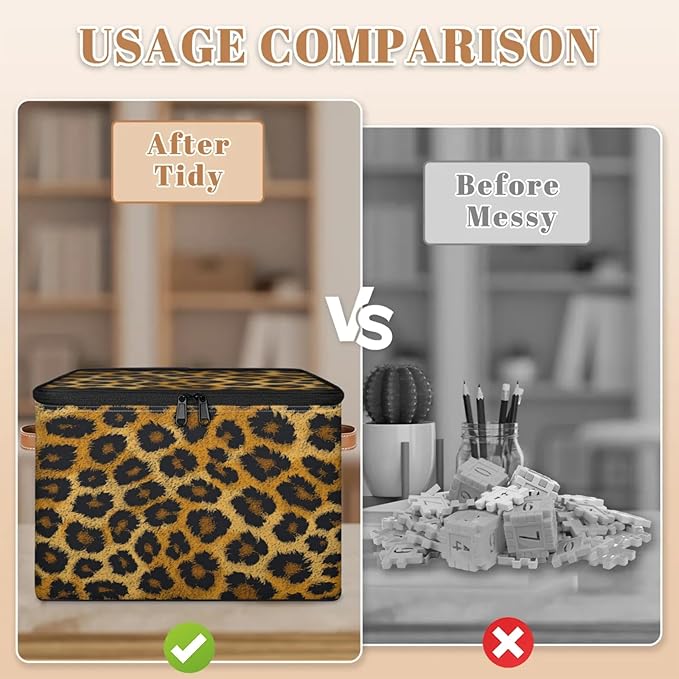 Storage Cubes with Lid Fabric Storage Bins Boxes PU Leather Handles, Leopard Print Animal Skin Closet Organizer Container Foldable Washable Shelf Cloth Basket, Leopard Print
