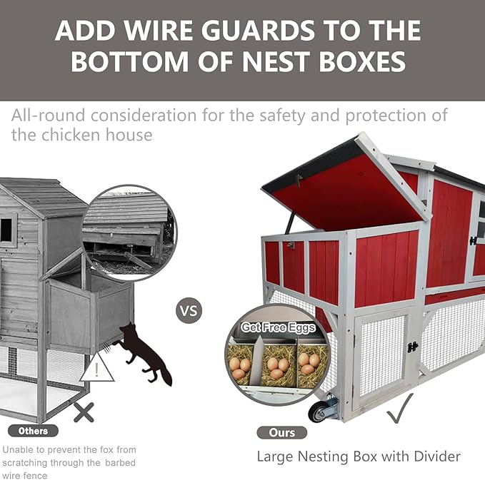Chicken Coop Mobile Wooden Hen House with Nesting Box,95.3" L Outdoor Chicken House with Wheels and Removable Tray,Fir Wood Chicken Tractor with 6 Ventilation Door,Ramp(Red)