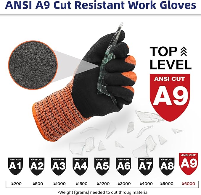 Schwer ProGuard High Level Cut Resistant Work Gloves PR3326 for Extreme Protection，ANSI A9 Cut Gloves with Reinforced Thumb, Non Slip, Durable, Touch-screen, Orange 120 Pairs, L