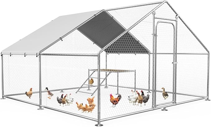 Large Metal Chicken Coop with Roosting Ladder, UV-Resistant and Waterproof Cover, Outdoor Walk-in Cage Hen House for Yard Farm Rabbit Duck Chicken Run, Spire Roof (13.1'W x 9.8'L x 6.4'H)