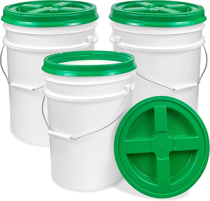 ePackageSupply 5 Gallon White Bucket with Green Gamma Seal Screw on Airtight Lid | Made in USA | Food Grade | Heavy-Duty HPDE Plastic | Durable 90 Mil Pail | Easy Stack and Store | BPA Free (3 Count)
