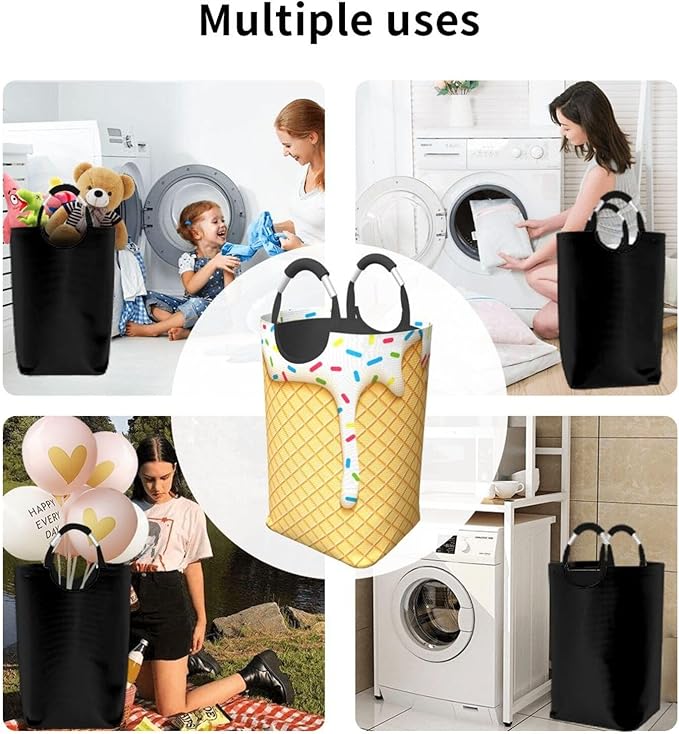Ice Cream Cone Laundry Basket Yellow Foldable Laundry Hamper Cute Collapsible Laundry Baskets with Handles Clothes Hamper Laundry Tote Bag for Dorm Family Storage Bin 50L