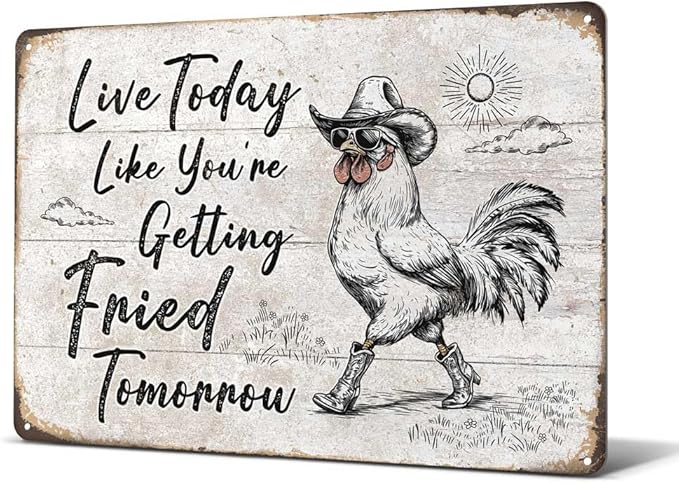 Heuhuww Funny Chicken Decor-Live Today Like You're Getting Fried Tomorrow Metal Sign Inspirational Gifts For Women Friends Chicken Lover 12" x 8"(H15)