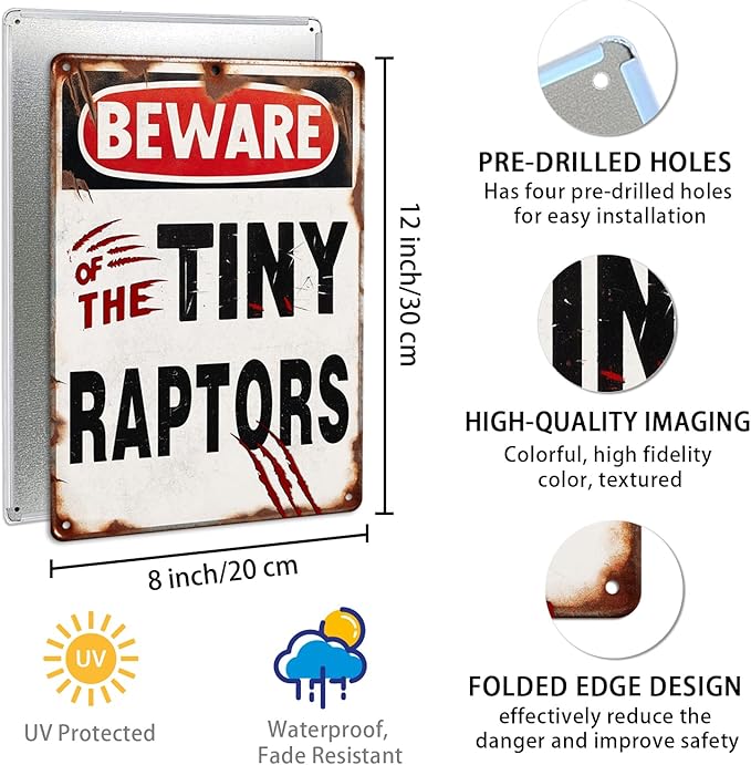 Beware of the Tiny Raptors Metal Tin Sign Funny Chicken Coop Sign Chicken Coop Accessories Outdoor Chicken Farmhouse Farm Sign Yard Decor Gifts 8x12 Inch