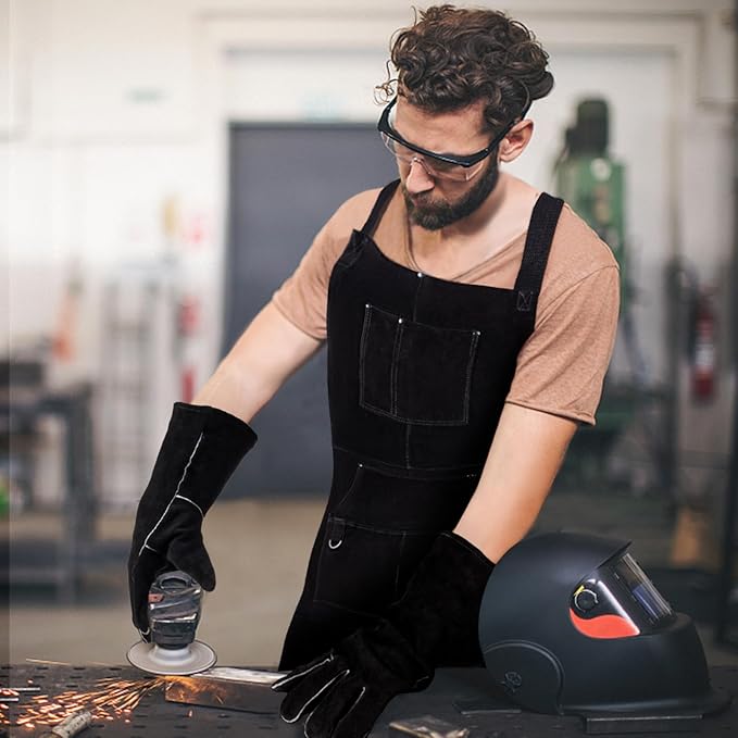 eletecpro Heavy Duty Leather Welding Apron Genuine Cowhide Flame & Heat Resistant Adjustable 42Lx24W with 6 Tool Pockets and Gloves for Mechanic, BBQ, Woodworking, Gardening, Men & Women Gift, Black