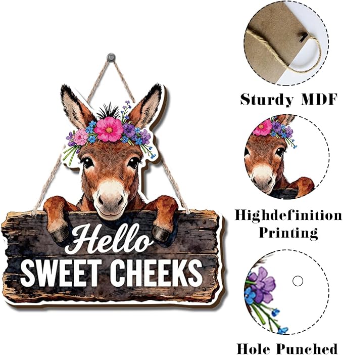 Farmhouse Bathroom Wall Decor, Hello Sweet Cheeks Donkey Sign, Rustic Wood Hanging Plaque, Watercolor Farm Animal Wall Art Painting Style for Bathroom Front Door Country Home, 9.8x9.8 Inches