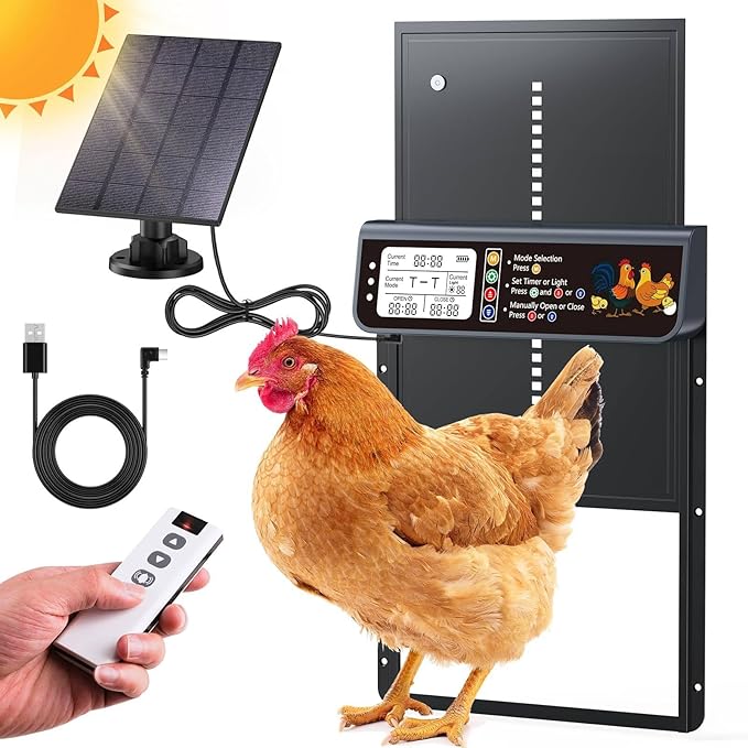 Automatic Chicken Coop Door Solar Powered, Automatic Chicken Door with Timer & Light Sensor Mix 4modes, Aluminum Alloy Chicken Coops Doors, Remote Control Solar Chicken Coop Door