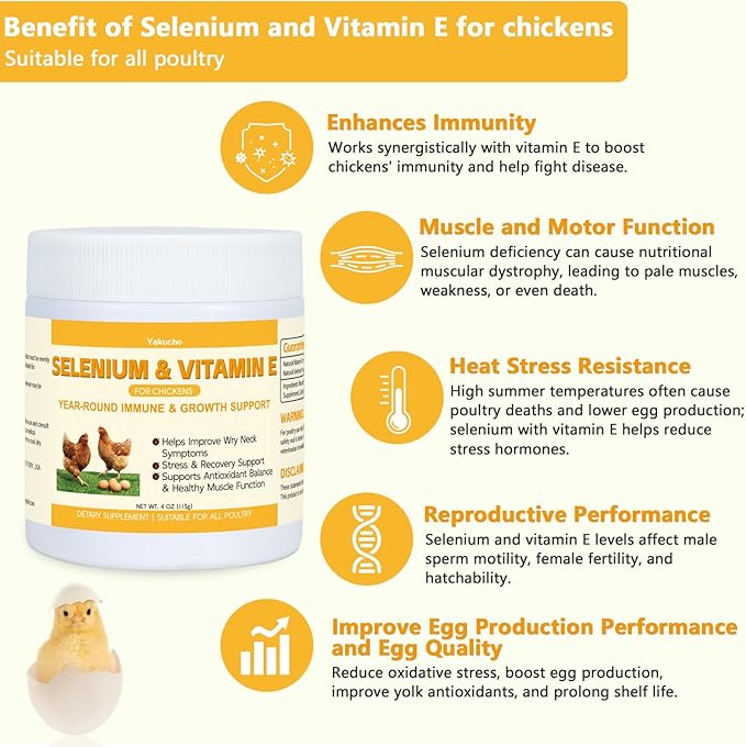 Selenium & Vitamin E Powder for Chickens | Poultry Nutrient Support Blend for Muscle Activity & Daily Balance | Feed Mix Additive for Chickens & All Poultry | 113g