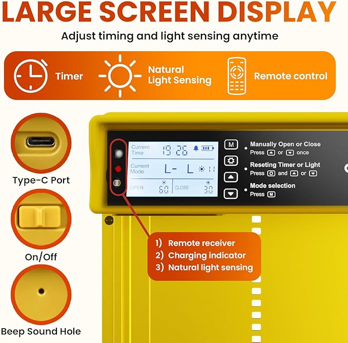 Okkobi Automatic Chicken Coop Door Solar Powered - LCD Display - Chicken Coop Door with Remote Control, Light Sensor & Timer - Security & Peace of Mind: Anti-Pinch Function - 5-Year Protection